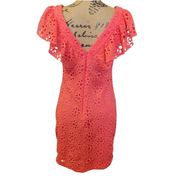 New Size 2 Trina Turk Coral Orance Eyelet Lace Dress With Ruffles - Picture 5 of 7